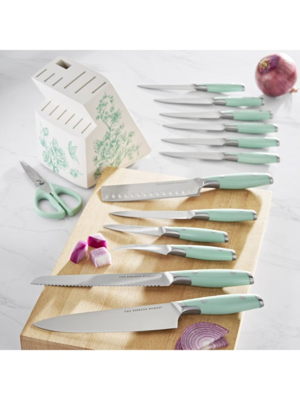 The Woman Pioneer Green 14-Piece Acacia Wood Stainless Steel Knife Block Set